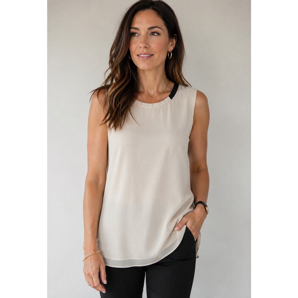 René Lezard Sleeveless Tunic Blouse Ivory Black Trim Size 39 EU Minimalist